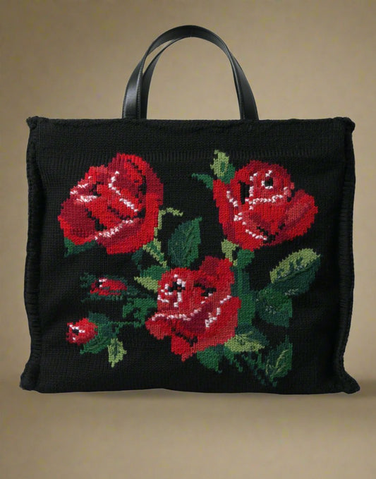 Bolso tote negro con bordados florales de DOLCE &amp; GABBANA, elegante, fabricado en Italia