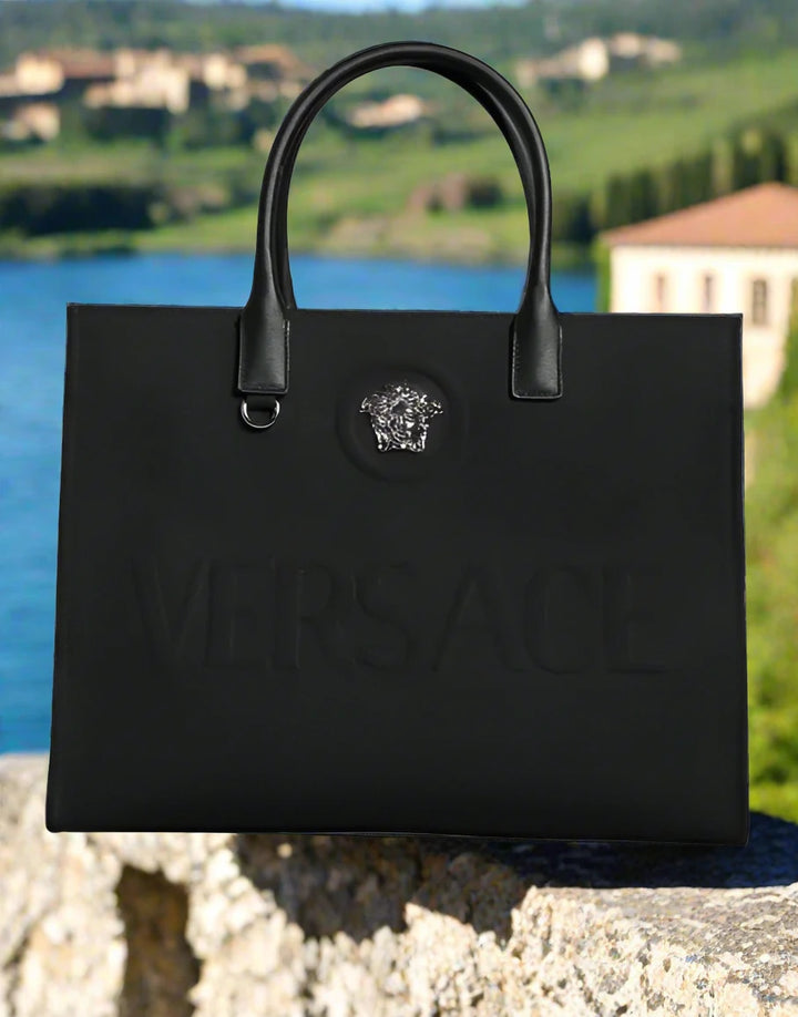 Versace BLACK TOP HANDLE CANVAS LEATHER LOGO SHOPPING TOTE BAG