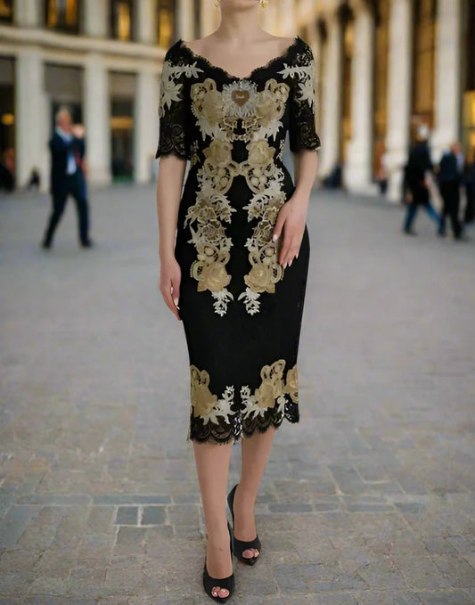 Dolce & Gabbana BLACK FLORAL LACE COTTON SHEATH MIDI DRESS