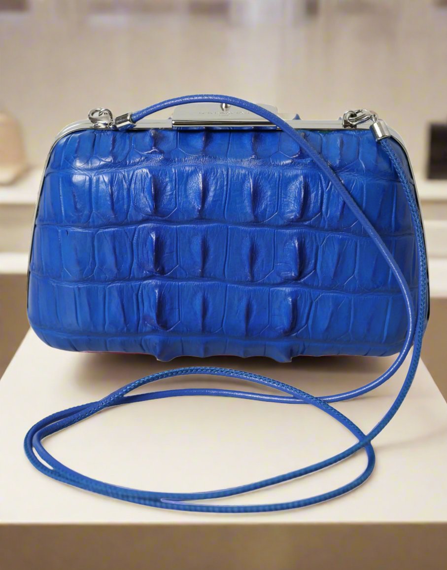 BALENCIAGA Electric Blue or Black Crocodile Skin Clutch