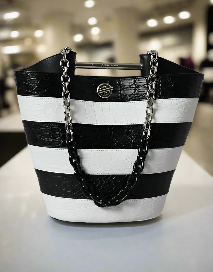 Balenciaga BLACK WHITE STRIPED EXOTIC SKIN LEATHER MAXI BUCKET TOTE BAG