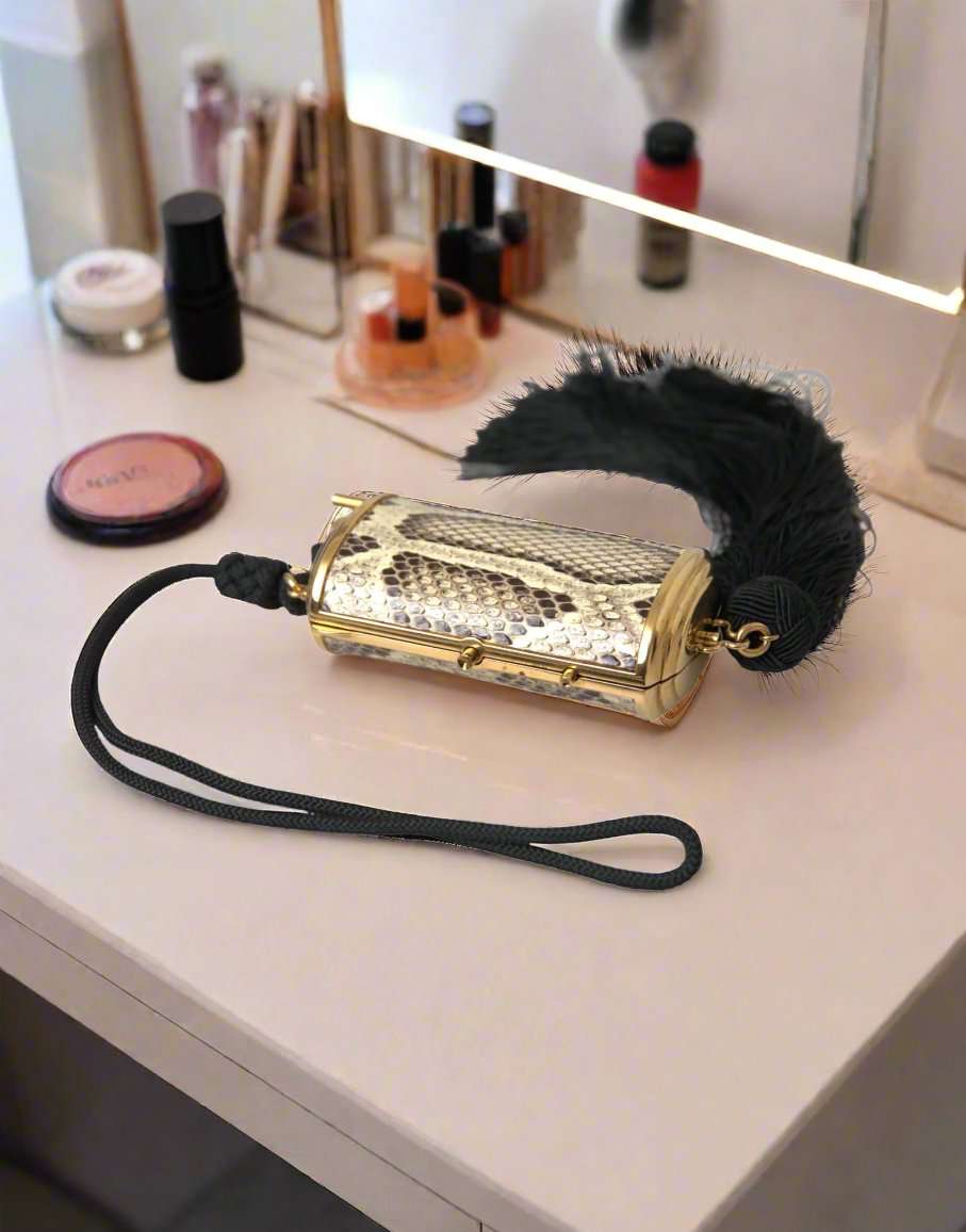 DOLCE & GABBANA Beige Exotic Leather Mini Mirror Tassel Make Up Holder Bag