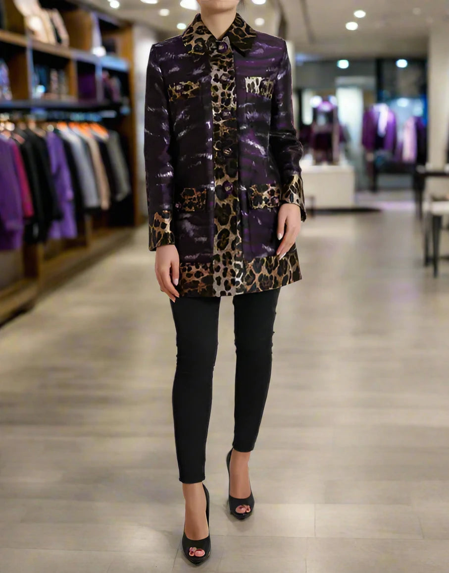 Dolce &amp; Gabbana CHAQUETA ABRIGO LAMÉ JACQUARD ESTAMPADO TIGRE MORADO