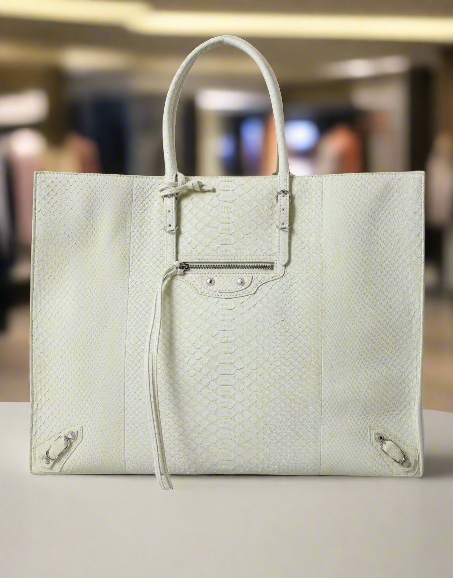 BALENCIAGA Chic Python Leather Tote in White & Yellow