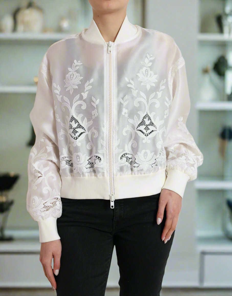 DOLCE & GABBANA Elegant White Silk Bomber Jacket