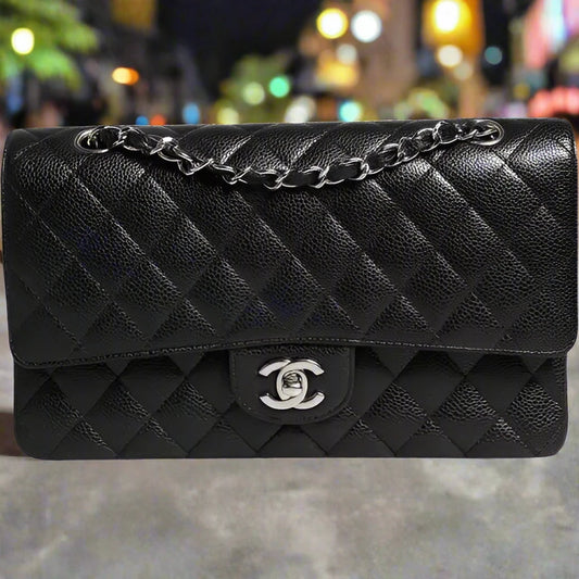 PRE-LOVED CHANEL BLACK CAVIAR MEDIUM CLASSIC DOUBLE FLAP QUILTED SHOULDER BAG