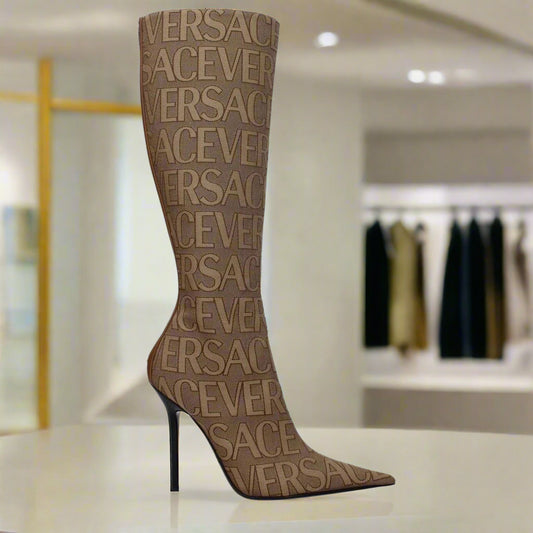 VERSACE women's brown logo embossed boots