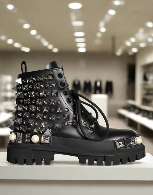 Dolce & Gabbana BLACK LEATHER STUDS EMBELLISHED COMBAT BOOTS SHOES