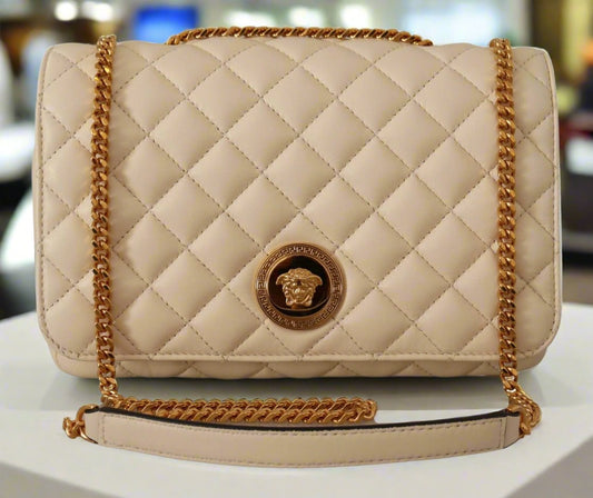 Sac à bandoulière en cuir nappa blanc matelassé à losanges VERSACE