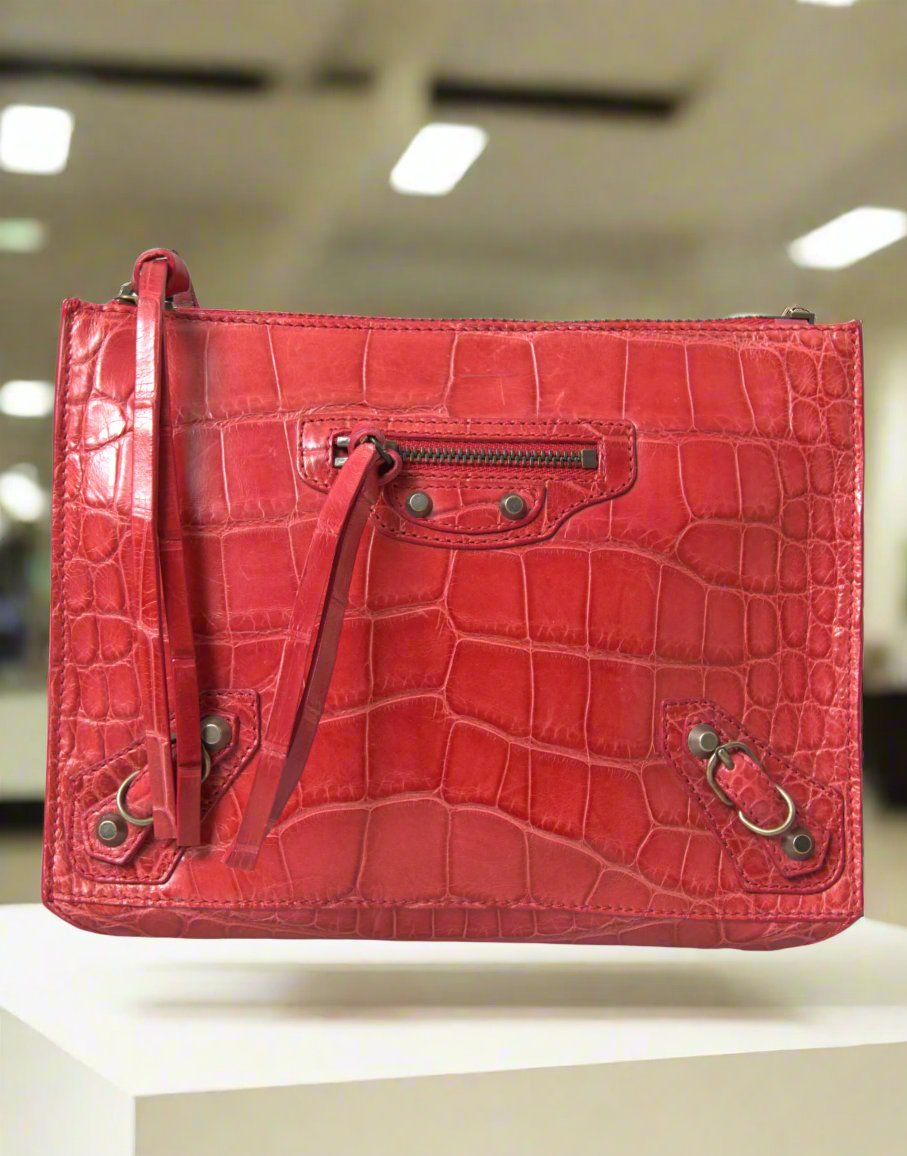 BALENCIAGA Exotic Red Alligator Leather Clutch