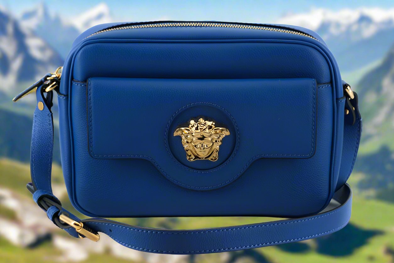 Sac pour appareil photo élégant en cuir de veau bleu VERSACE