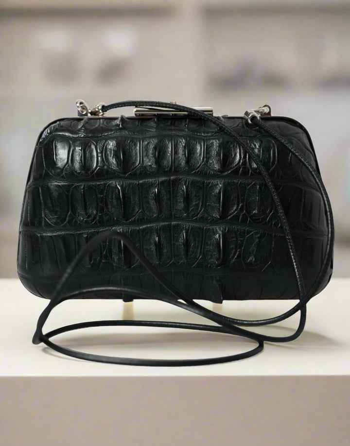 BALENCIAGA Electric Blue or Black Crocodile Skin Clutch