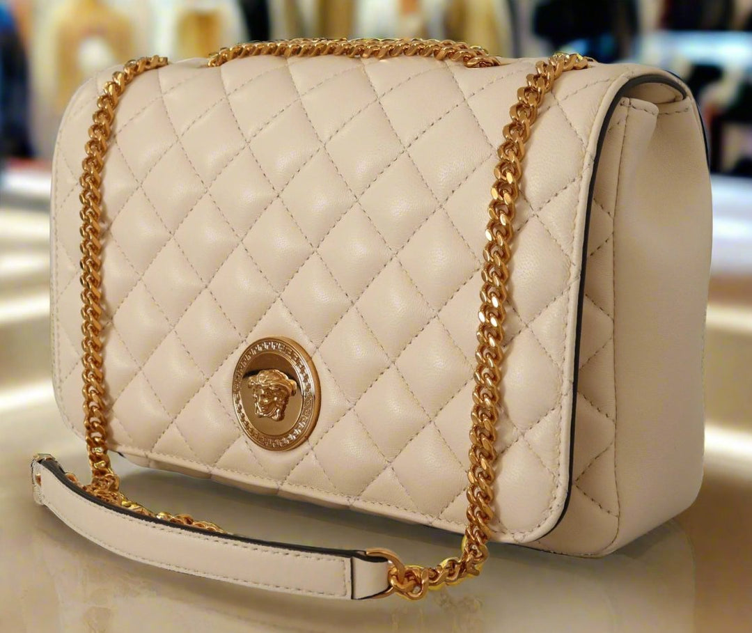 Bolso de hombro de piel de napa blanca con acolchado de rombos de VERSACE