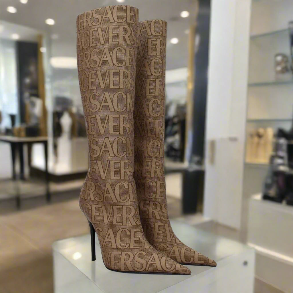 VERSACE women's brown logo embossed boots