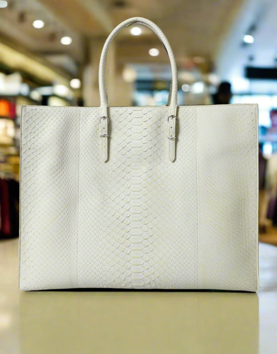 BALENCIAGA Chic Python Leather Tote in White & Yellow