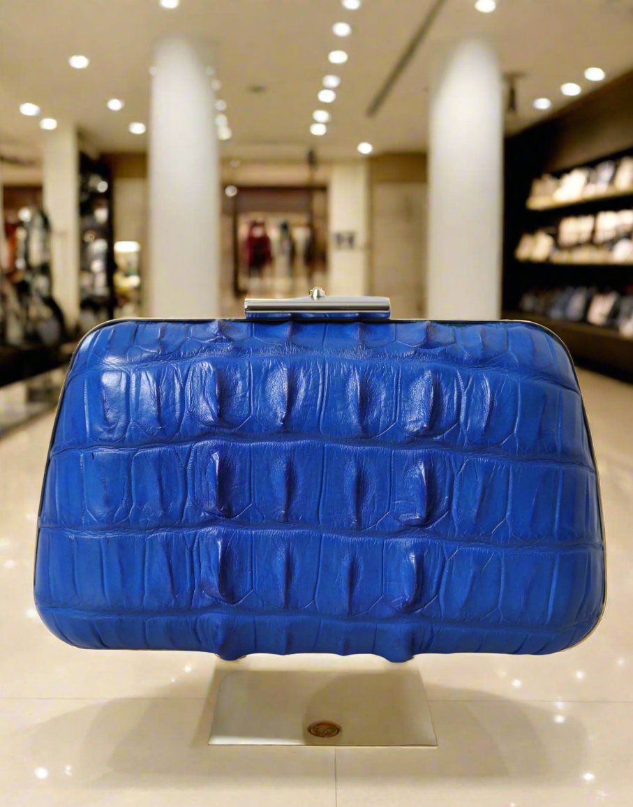 BALENCIAGA Electric Blue or Black Crocodile Skin Clutch