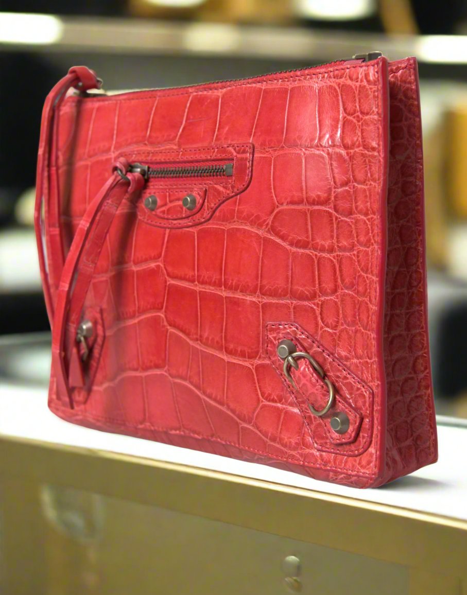 BALENCIAGA Exotic Red Alligator Leather Clutch