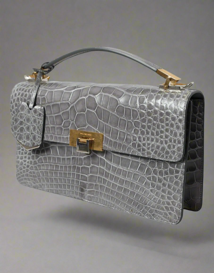 BALENCIAGA grey Alligator Leather Medium Shoulder Bag MILAN ITALY