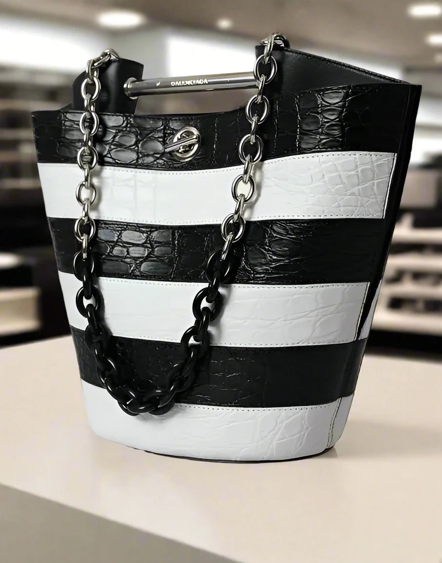 Balenciaga BLACK WHITE STRIPED EXOTIC SKIN LEATHER MAXI BUCKET TOTE BAG