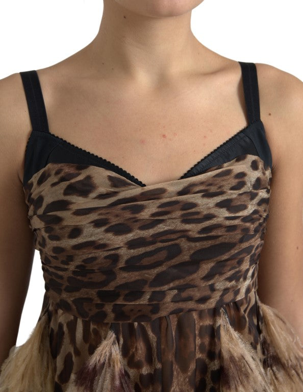 Vestido sin mangas de gasa con estampado de leopardo y plumas de avestruz de DOLCE &amp; GABBANA