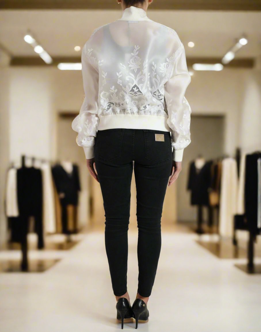 DOLCE & GABBANA Elegant White Silk Bomber Jacket