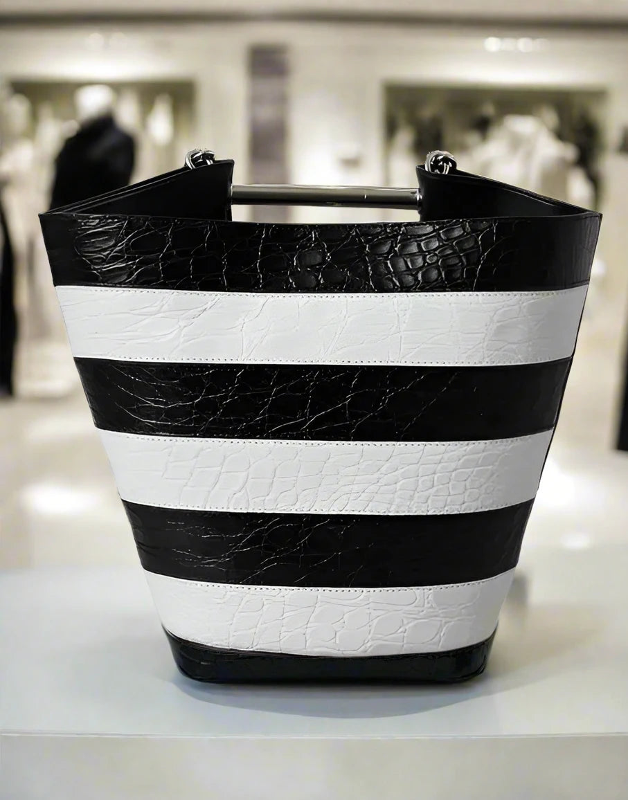 Balenciaga BLACK WHITE STRIPED EXOTIC SKIN LEATHER MAXI BUCKET TOTE BAG