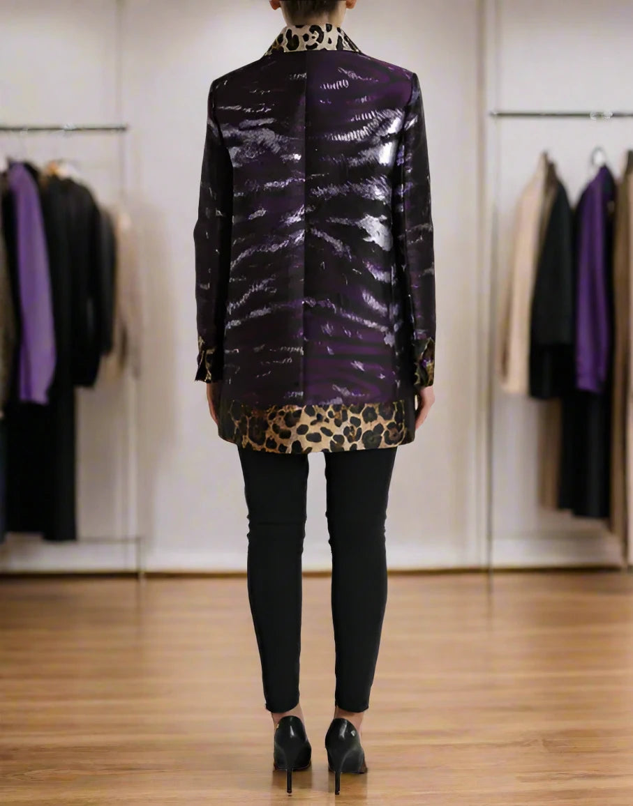 Dolce &amp; Gabbana VESTE MANTEAU EN JACQUARD VIOLET IMPRIMÉ TIGRE