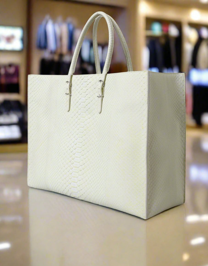 BALENCIAGA Chic Python Leather Tote in White & Yellow