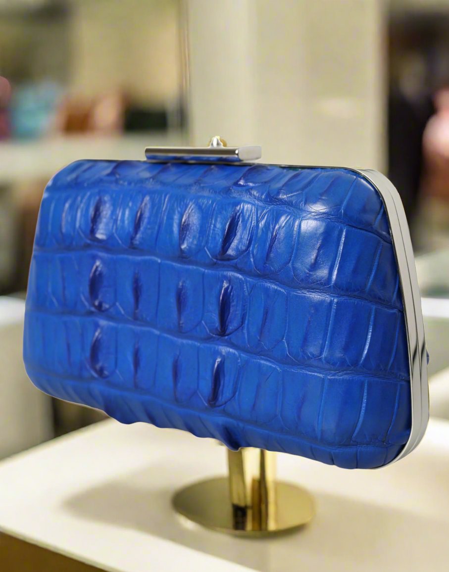 BALENCIAGA Electric Blue or Black Crocodile Skin Clutch