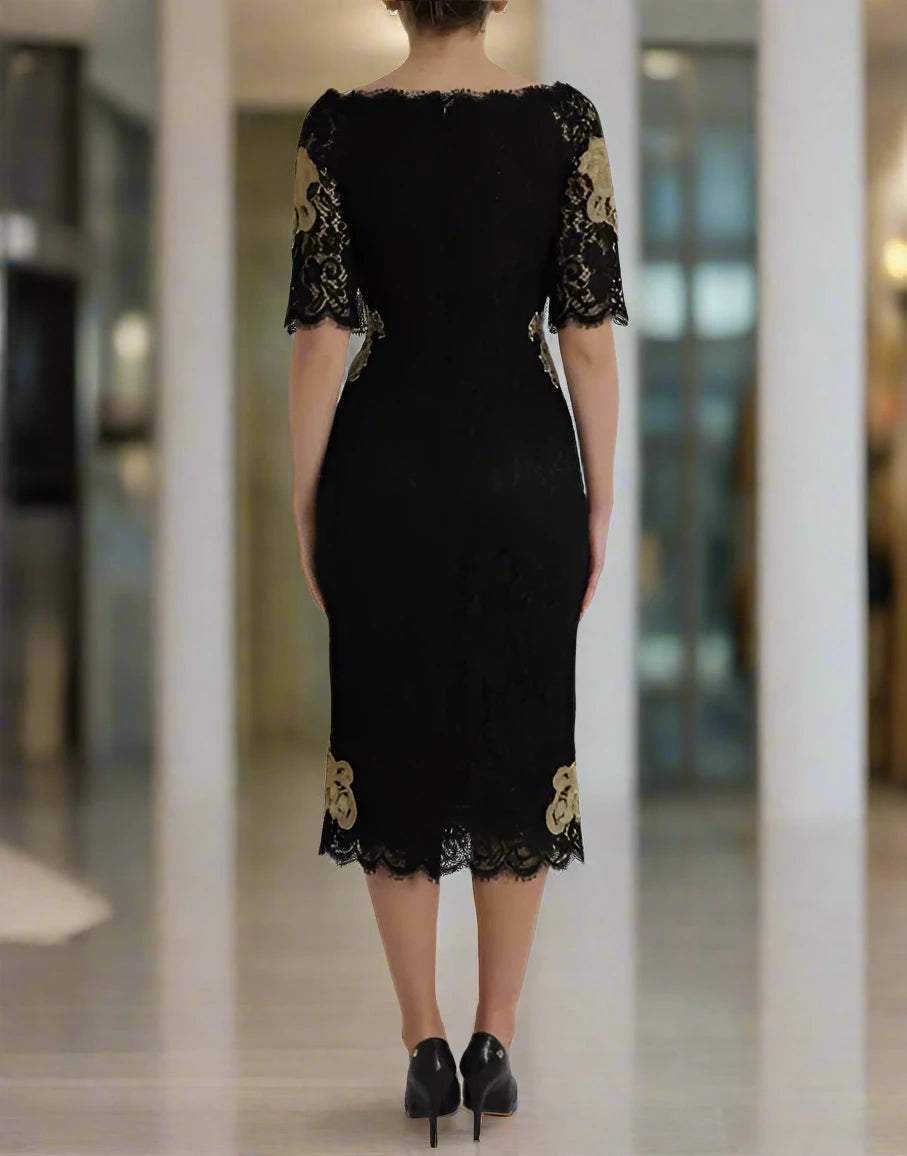 Dolce & Gabbana BLACK FLORAL LACE COTTON SHEATH MIDI DRESS