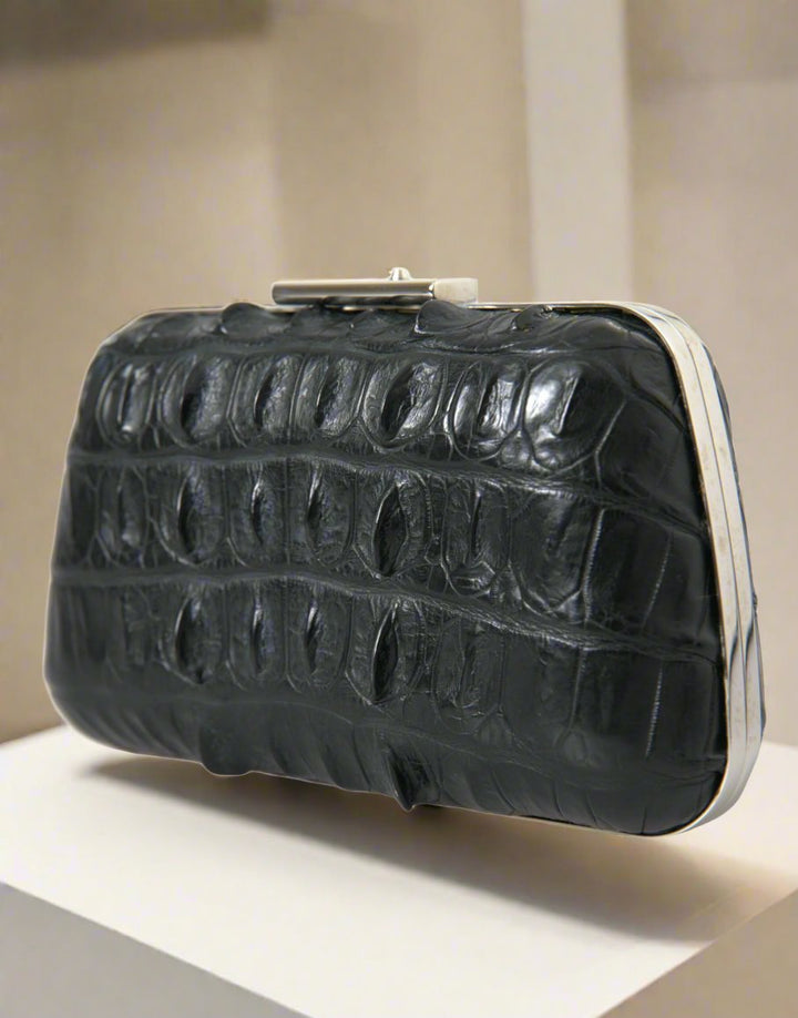 BALENCIAGA Electric Blue or Black Crocodile Skin Clutch