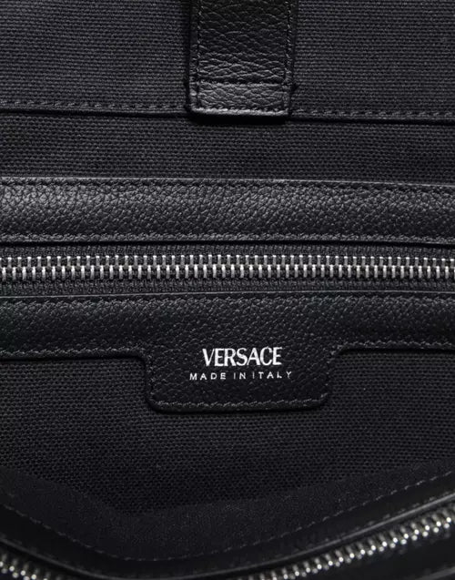 Versace BLACK TOP HANDLE CANVAS LEATHER LOGO SHOPPING TOTE BAG