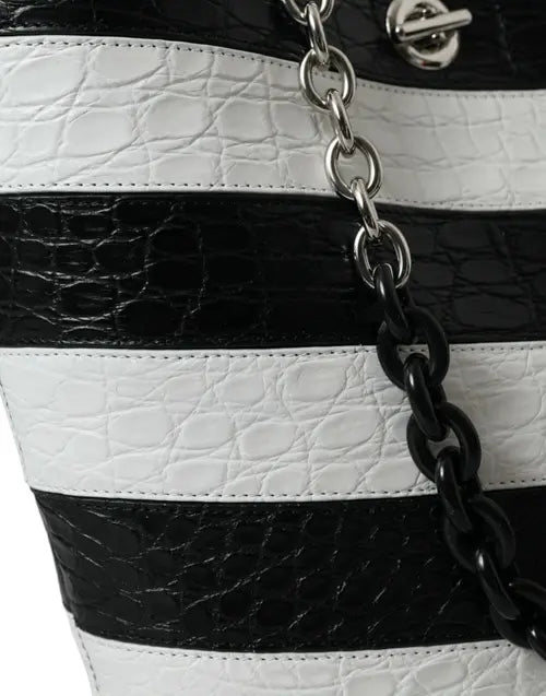 Balenciaga BLACK WHITE STRIPED EXOTIC SKIN LEATHER MAXI BUCKET TOTE BAG