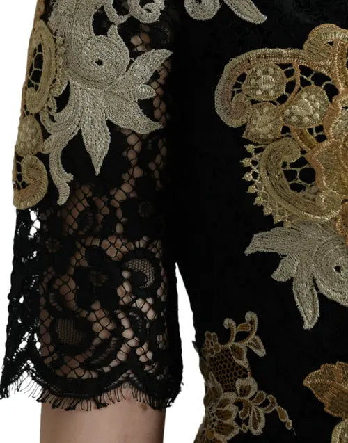 Dolce & Gabbana BLACK FLORAL LACE COTTON SHEATH MIDI DRESS