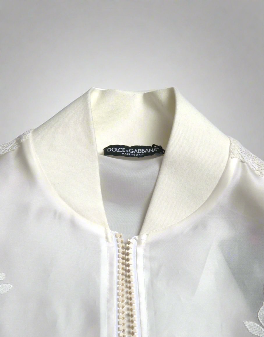 DOLCE & GABBANA Elegant White Silk Bomber Jacket