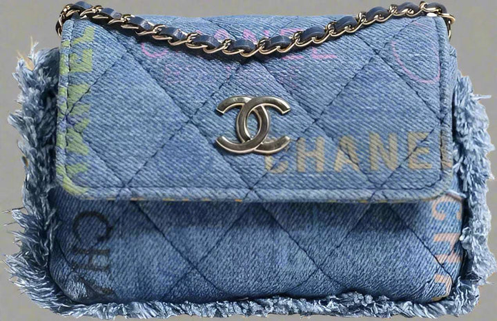 CHANEL (PRELOVED) DENIM MOOD FLAP MICRO LOGO PRINTED FRINGED SHOULDER BAG