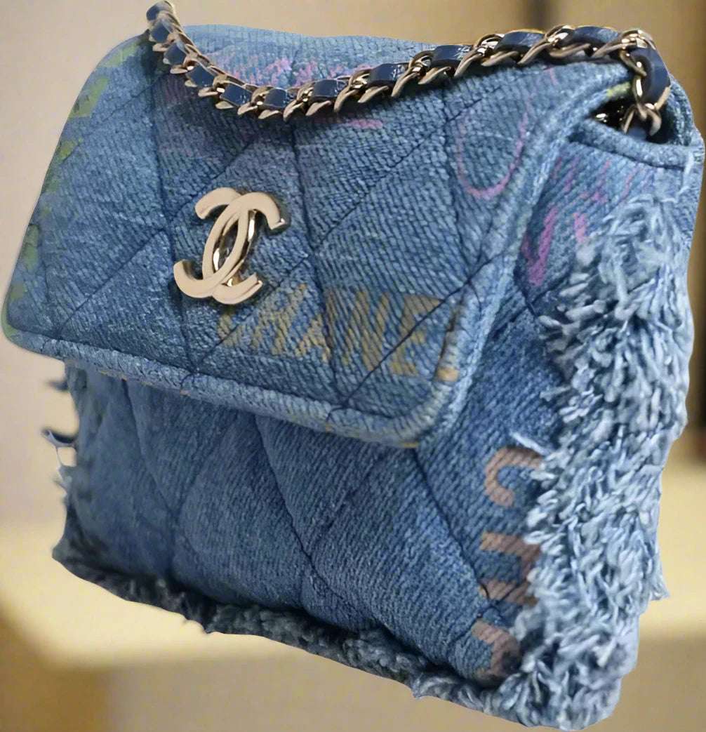 CHANEL (PRELOVED) DENIM MOOD FLAP MICRO LOGO PRINTED FRINGED SHOULDER BAG