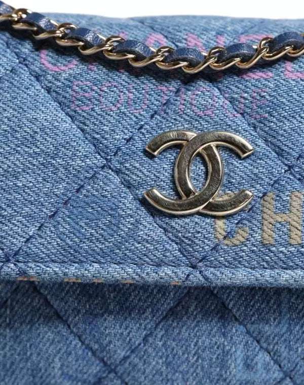 CHANEL (PRELOVED) DENIM MOOD FLAP MICRO LOGO PRINTED FRINGED SHOULDER BAG