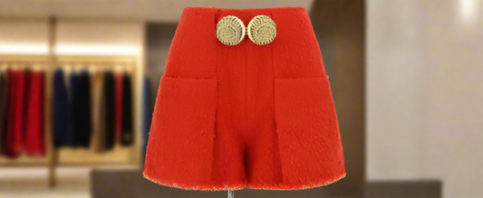 BALMAIN 2 PKTS BTN ESCARGOT BELTED RED TWEED SHORTS