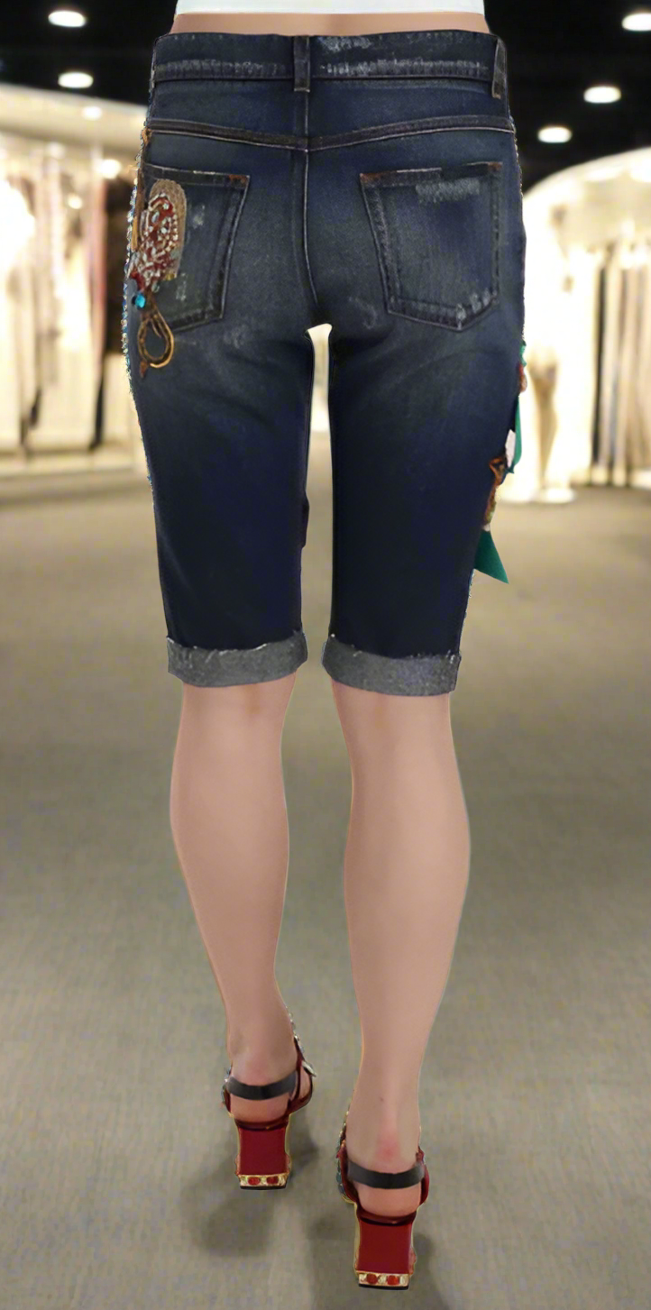 Short Capri en denim bleu à taille moyenne avec cristaux Dolce &amp; Gabbana Italie