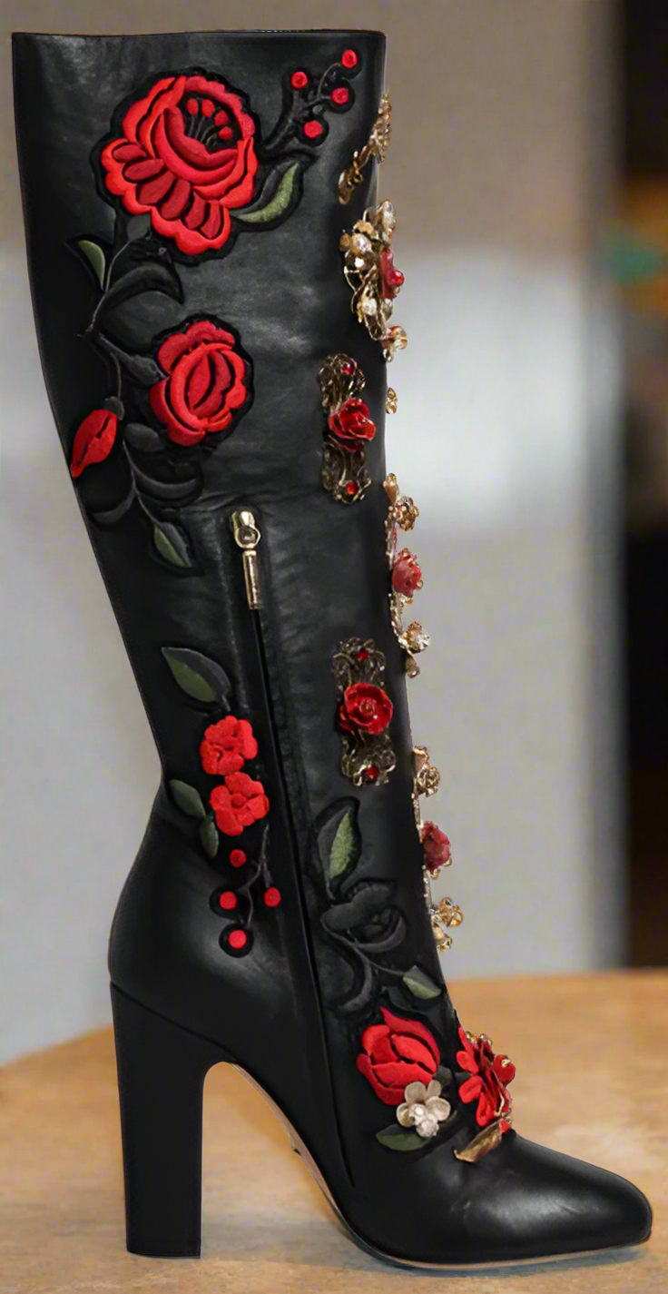 Dolce & Gabbana BLACK ROSES EMBELLISHED LEATHER HEEL BOOTS SHOES