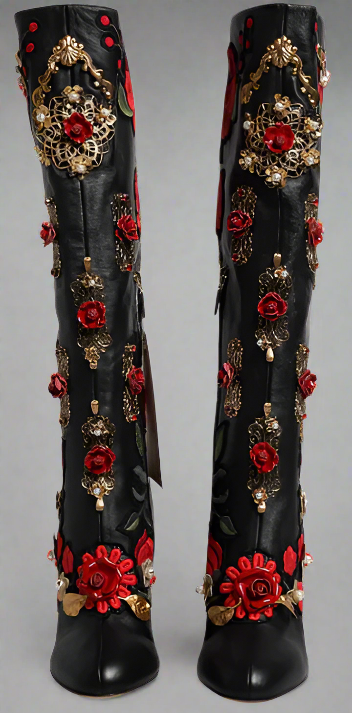 Dolce & Gabbana BLACK ROSES EMBELLISHED LEATHER HEEL BOOTS SHOES