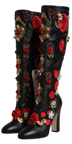 Dolce & Gabbana BLACK ROSES EMBELLISHED LEATHER HEEL BOOTS SHOES