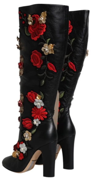 Dolce & Gabbana BLACK ROSES EMBELLISHED LEATHER HEEL BOOTS SHOES