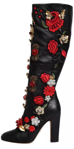 Dolce & Gabbana BLACK ROSES EMBELLISHED LEATHER HEEL BOOTS SHOES