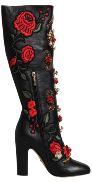 Dolce & Gabbana BLACK ROSES EMBELLISHED LEATHER HEEL BOOTS SHOES