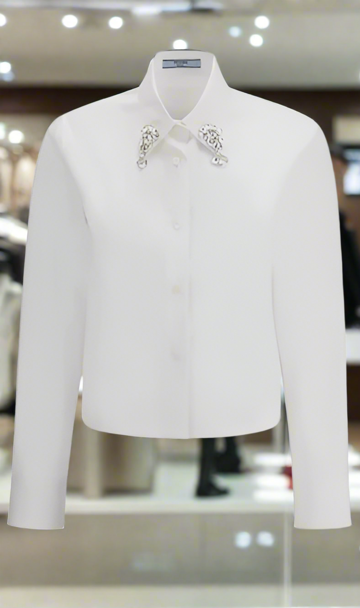 PRADA women's white Cotton adorned collar shirt