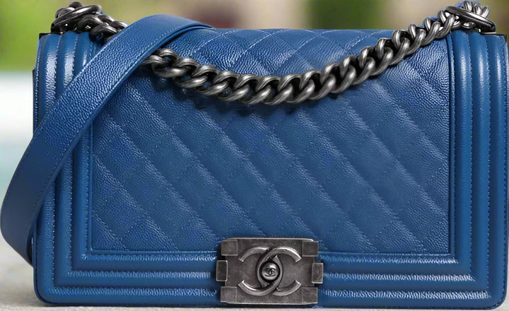 CHANEL (Preloved) BLUE LAMBSKIN DOUBLE CHAIN LEATHER MEDIUM SHOULDER BAG