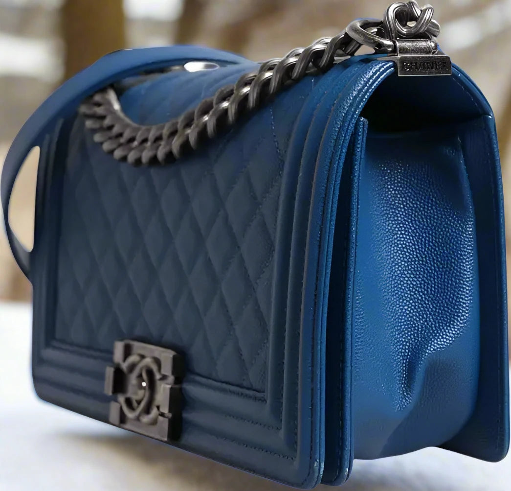 CHANEL (Preloved) BLUE LAMBSKIN DOUBLE CHAIN LEATHER MEDIUM SHOULDER BAG