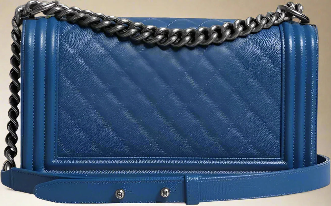 CHANEL (Preloved) BLUE LAMBSKIN DOUBLE CHAIN LEATHER MEDIUM SHOULDER BAG